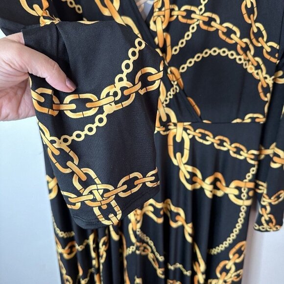NEW Ashley Stewart Womens Black Gold Long Sleeve Chain Maxi Dress w/Slit 18/20 - Picture 5 of 13